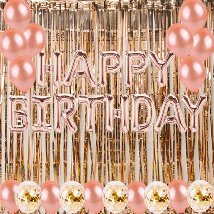 생일파티용품세트 라이프그래피 생일풍선 가랜드 + 컨페티 + 커튼 세트, 로즈골드, 1세트