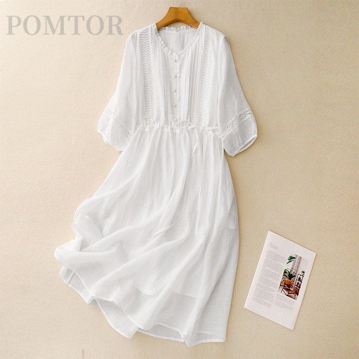 POMTOR 여성 면마 원피스 봄여름 화이트 원피스