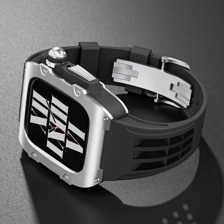 애차드밀 애플워치 호환 메탈 케이스 울트라 9 8 7 SE SE2 일체형 스트랩 명품 스테인리스 티타늄 밴드 줄질, 01.실버블랙