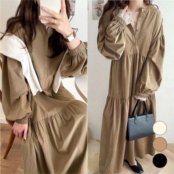 핏몬 빅사이즈 6688 리본 헨리넥 셔츠 긴팔 루즈핏 키큰녀 롱 원피스