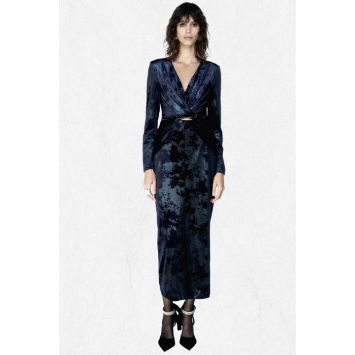 국내정품 자라 ZARA 골드 장식 벨벳 미디 원피스  블루 0387161407 2501478