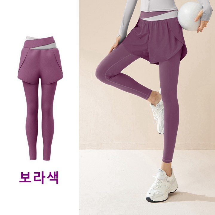 여성용 페이크 투피스 복부조절 하이웨이스트 아웃도어 스포츠 레깅스 요가 팬츠