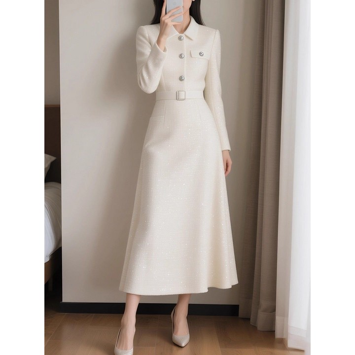 Neirny 여성 트위드 롱 원피스 가을겨울 스타일리쉬 고급감 허리끈 캐주얼 슬림핏 치마 하객룩 스커트