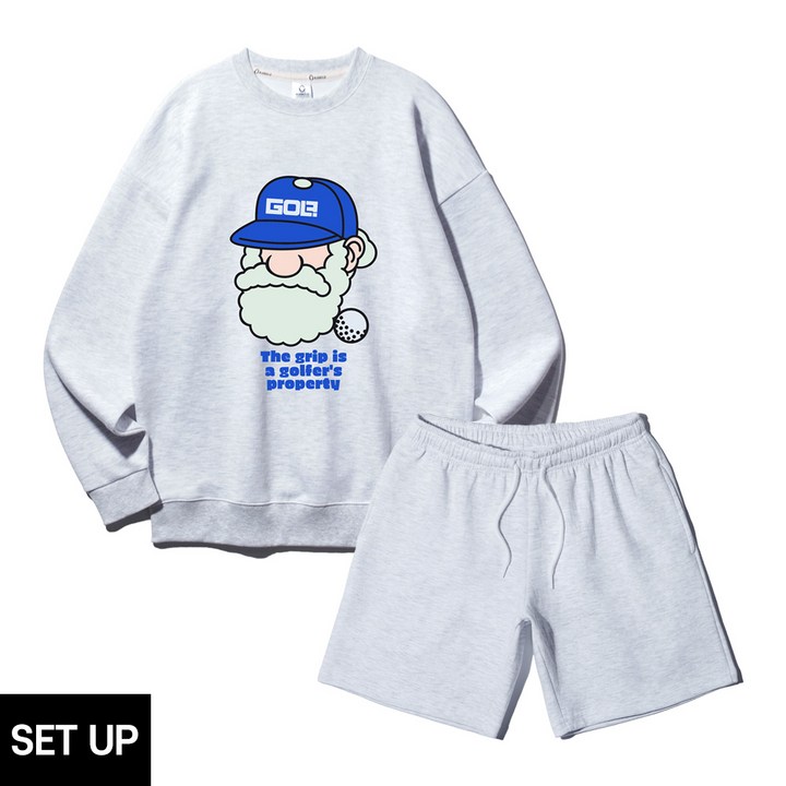 SET 앨빈클로 마틴 골프 그립 오버핏 맨투맨 코튼 밴딩 스웨트 반바지 셋업