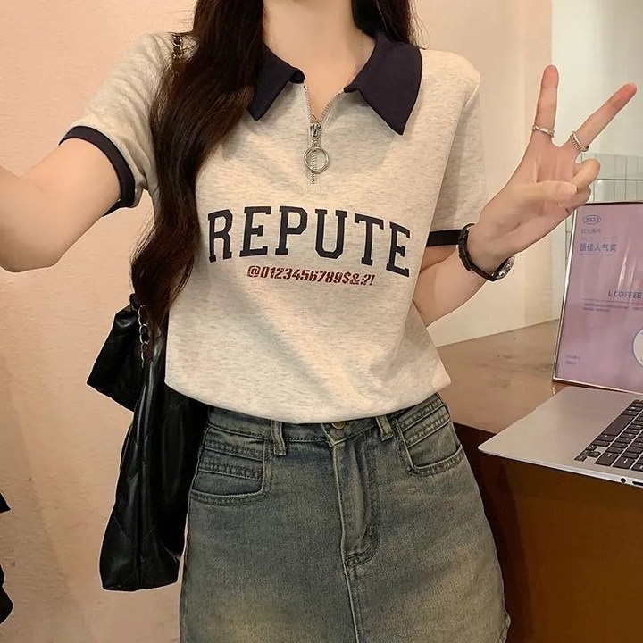 더블유앤케이 여성 여름 카라넥 패치워크 색상 티셔츠