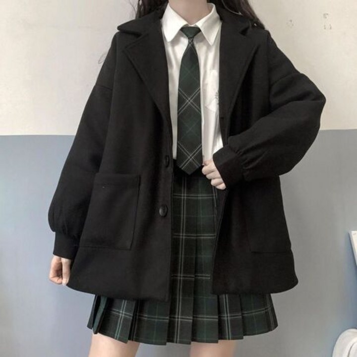 여성코트 일본 짧은 프레피 모직 코트 벨벳 두꺼운 가을 겨울 남성 여성 블랙 레드 모직 코트 jk 유니폼 카와이 스트리트웨어
