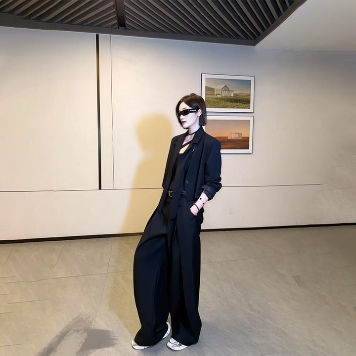 봄가을 신상 여성 정장 와이드 팬츠 세트, 소수 디자인, 루즈핏슬림핏, 루즈핏슬림핏, 고급스러운 경량 럭셔리 정장 유행 베이직 와이드 팬츠 2피스 세트, 패션 일상 오피스 업무