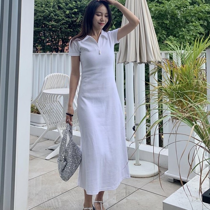 여름 반팔 카라 피케 롱원피스 순면코튼 슬림 롱원피스 화이트 블랙 네이비