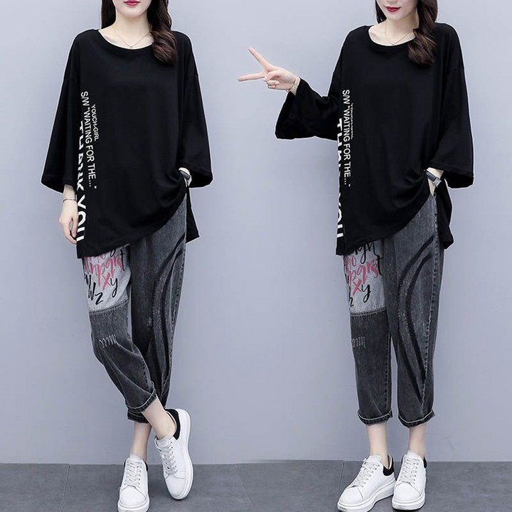 여름 루즈핏 반팔 청바지 캐주얼세트 패션 레터링 츄리닝세트 중년여성 데님투피스 빅사이즈