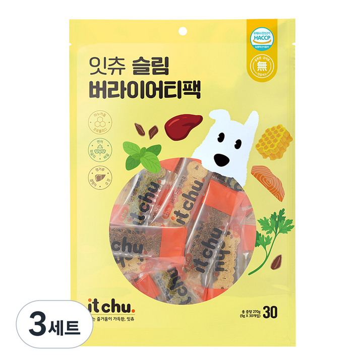 잇츄 슬림 버라이어티팩 강아지 덴탈개껌, 옐로우  브라운  그린, 270g, 3세트