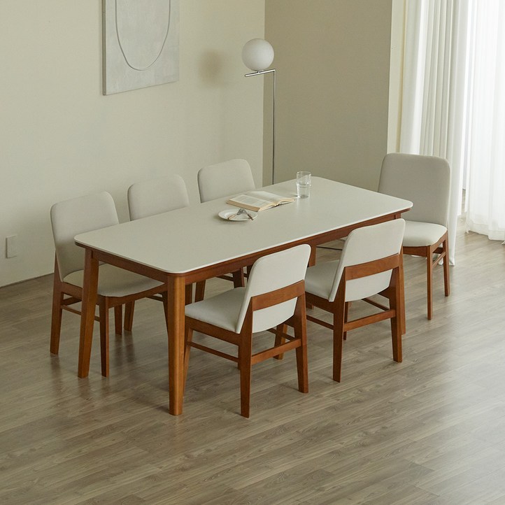 파로마 솔로르 세라믹 식탁 1800  의자6p 세트 방문설치, 월넛프레임, 의자, 베이지상판, 6인용