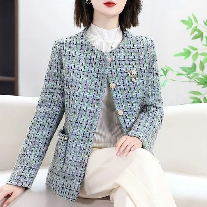 5xl까지 중년여성 트위드 자켓 라운드 긴팔 숏 코트 기질 우아 엄마복 상의 예쁜 하객룩 정장코트 빅사이즈