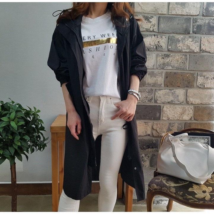 상상그이상 여성용 데일리 오버 루즈핏 스트링 후드 얇은 롱 야상점퍼 캐주얼자켓 바람막이