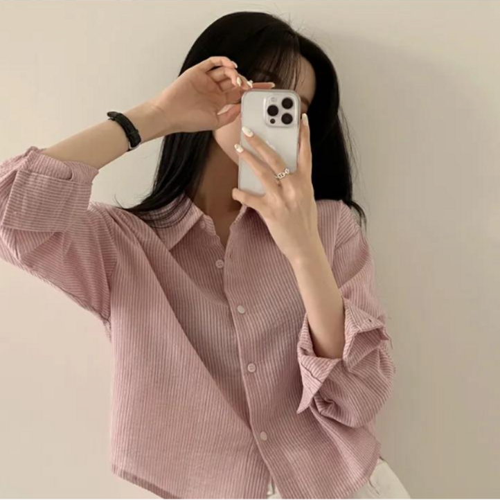 자체제작 여성 데일리 캐주얼 오버핏 스트라이프 세미크롭 셔츠 봄 가을 카라 긴팔 셔츠 5color