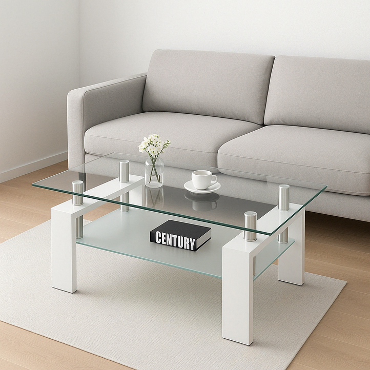 프리미엄 사각 강화유리 2단 소파 거실 티 테이블 모던 인테리어 카페 거실탁자, 하얀색