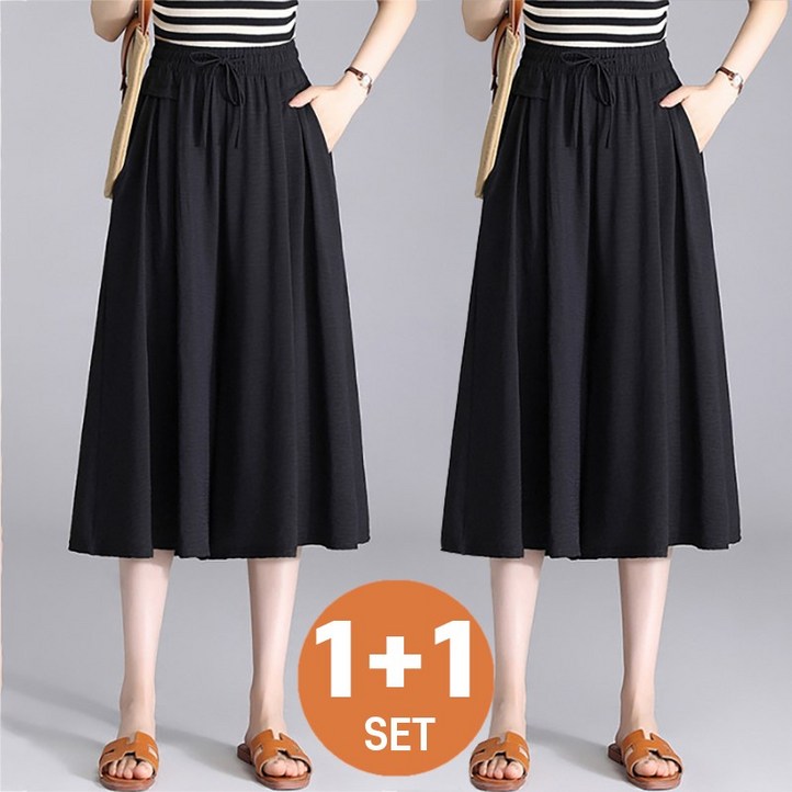 11 2종세트 여성용 와이드 밴딩 랩 치마바지 여름 쿨링 7부 팬츠 통바지 플레어 치마 바지