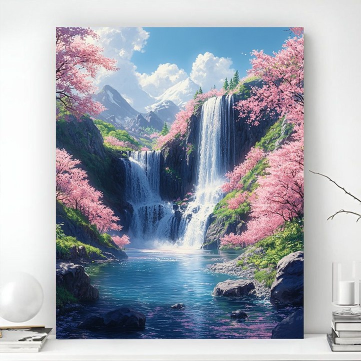 액자 캔버스형 보석십자수 DIY 키트 재물운 폭포그림 풍경 심리치료 풍경 시원한 풍수 인테리어 40 x 50 cm