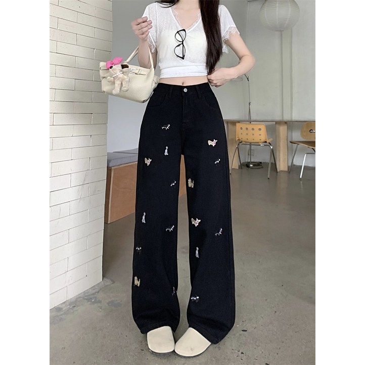 해피유통  여성용 고속 허리 와이드 팬츠 나비 자수 디테일 캐주얼 청바지  CLY