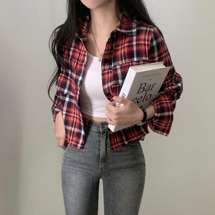 라라홀리 캐주얼 크롭 체크 루즈핏 빈티지 셔츠 라라홀리 캐주얼 크롭 체크 루즈핏 빈티지 셔츠
