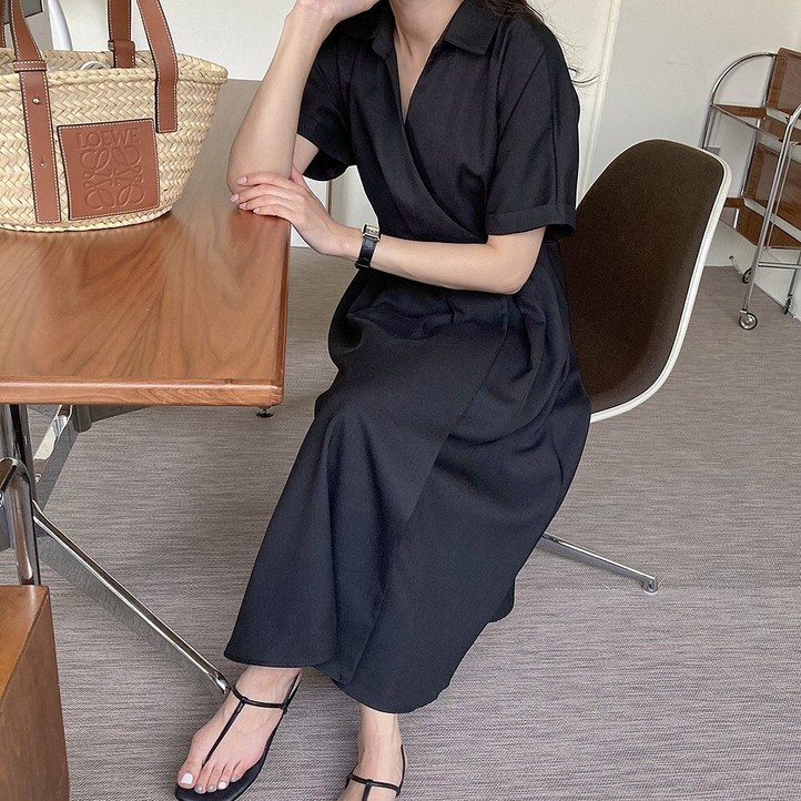 미쓰에버 자체 제작 원피스 여름 A라인 돌잔치 엄마 77사이즈 빅사이즈 랩 A라인 30대 미시 하객 정장 옷차림 블랙 원피스