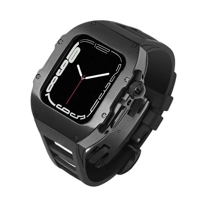 애차드밀 스틸 메탈 케이스 불소 고무 스트랩 밴드 호환 애플워치 울트라2 49 mm 시리즈 9 8 7 45 mmSE 시리즈 6 5 4 44mm, 블랙