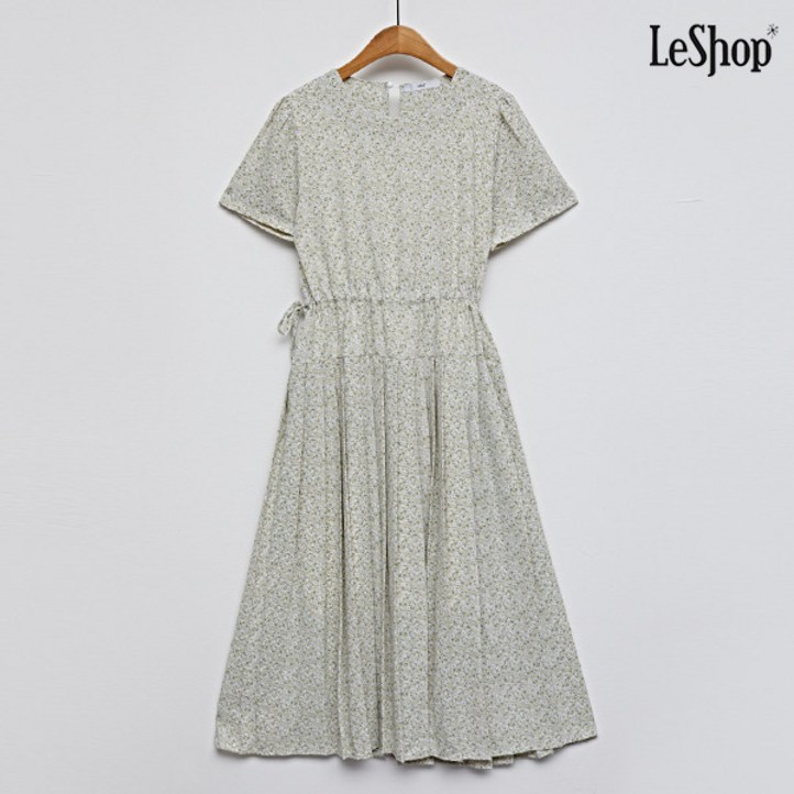 르샵 플라워 허리 밴딩 소매 핀턱 롱 반팔 원피스 DO2OW023A