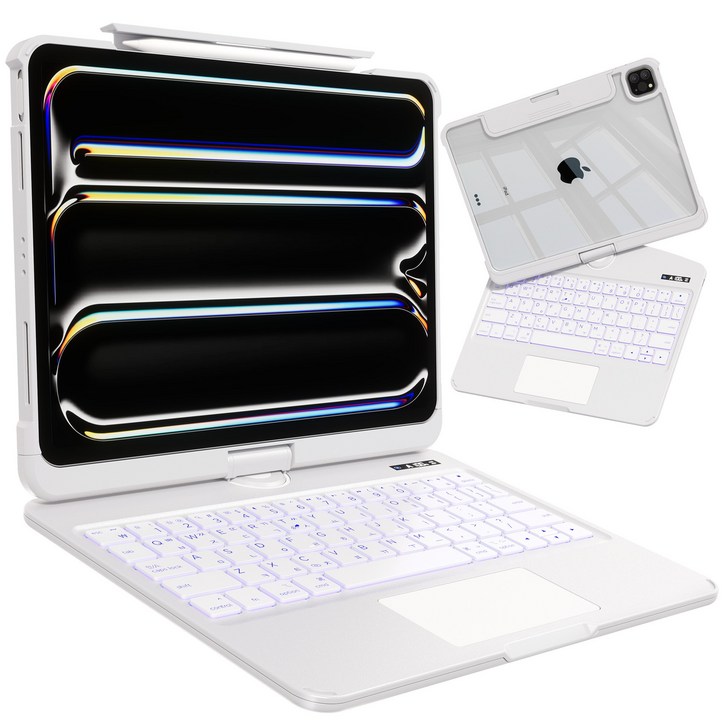 AITEWO 아이패드 매직키보드 케이스 펜슬 수납 360도회전 일체형 각도조절 투명 백라이트 터치패드 에어7654321세대 프로1110.91312.9인치, 에어76세대 프로43세대11 에어54세대10.9, 화이트