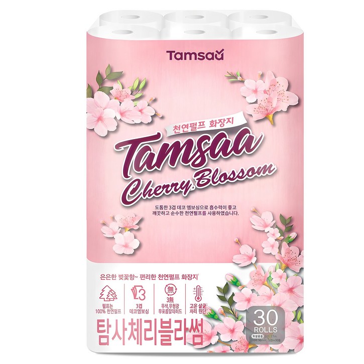 탐사 체리블라썸 천연펄프 3겹 롤화장지, 27m, 30롤, 1개 탐사 체리블라썸 천연펄프 3겹 롤화장지, 27m, 30롤, 1개