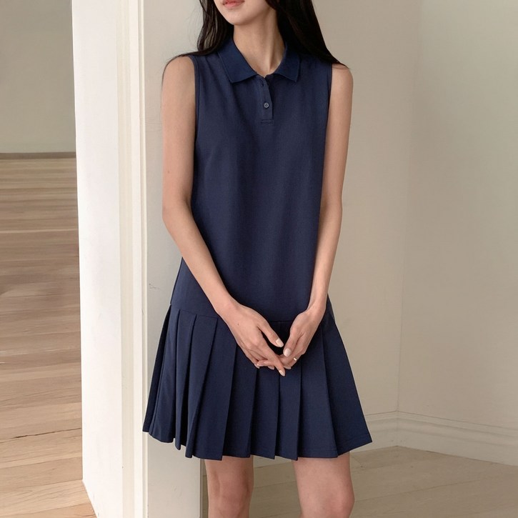 아피나르 여성용 버튼 카라 민소매 피케 테니스 원피스