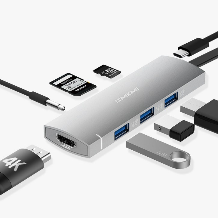 컴썸 C타입 HDMI 8 in 1 USB 3.0 멀티허브 CT81P, 실버 컴썸 C타입 HDMI 8 in 1 USB 3.0 멀티허브 CT81P, 실버