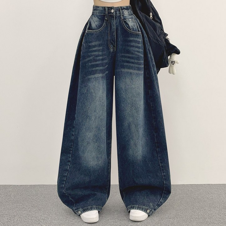 여성용 투투 사이드 핀턱 와이드 데님 팬츠