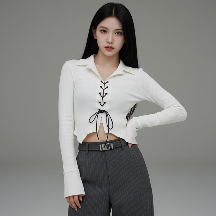 마켓피아 여성용 셔링 크롭 레이스업 긴팔 블라우스