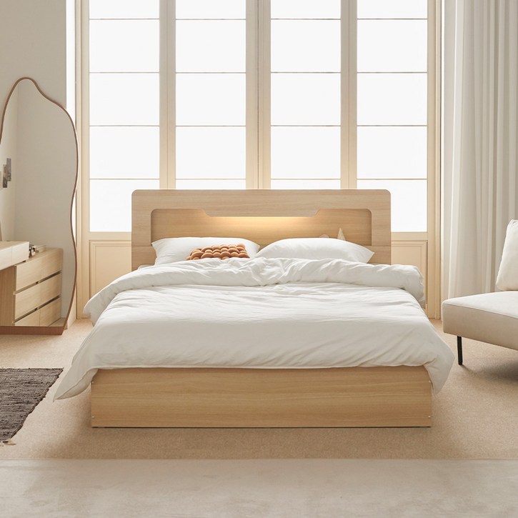 파로마 아몬드 수납 헤드 평상형 침대  매트리스 방문설치, 오크