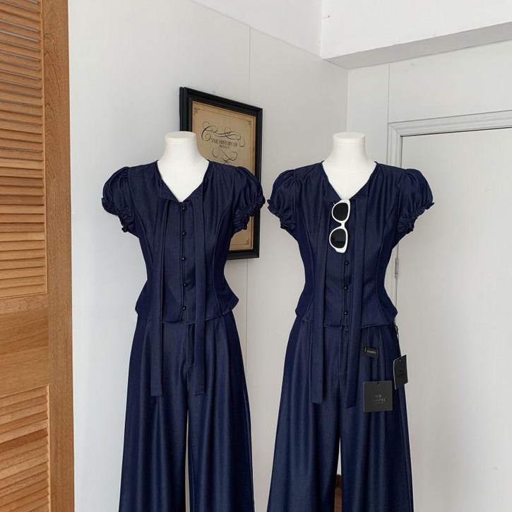 여성 여름 데님 투피스 셋업 타이 허리 스트릿 스타일 반팔 캐주얼 코디 세트 시원한 착용감