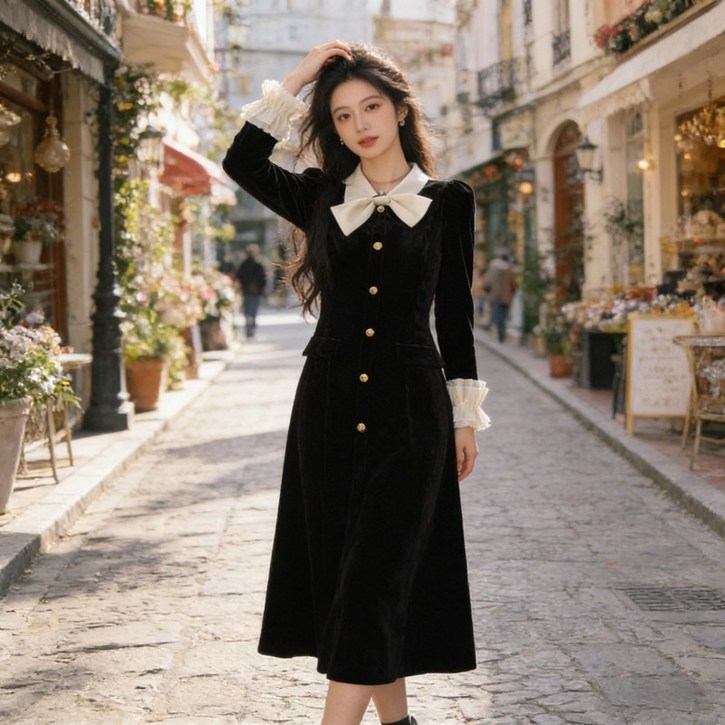 Eluma 칼라넥 롱 정장원피스 기본핏 리본 프릴 버튼