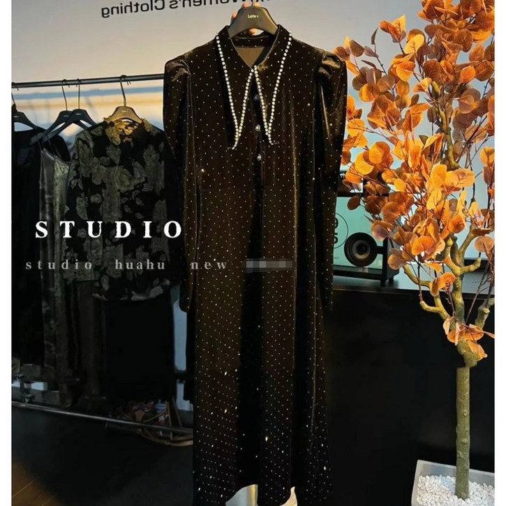 그루밍 grooming 여성 겨울 봄 고급 보석 카라 벨벳 하객룩 롱 원피스