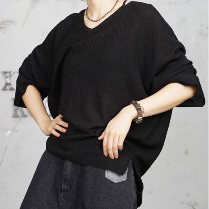 벅시루 여성 허밍 딮브이넥 루즈핏 봄가을 가벼운 오버핏 가오리 엄마 니트티셔츠