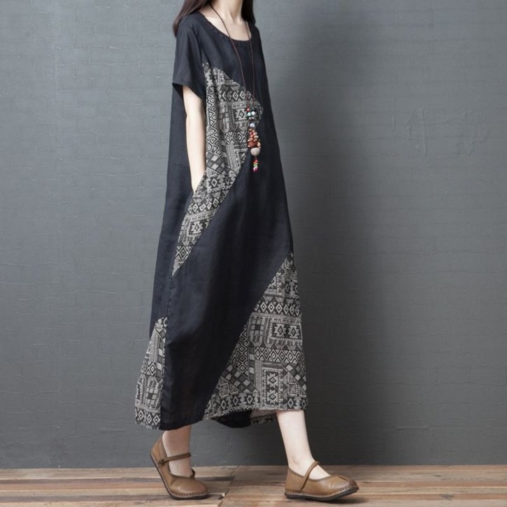 Unique 중년 여성 루즈핏 라운드넥 린넨 롱 반팔 원피스 면 마 통기성 배색 여름 엄마 원피스 빅사이즈