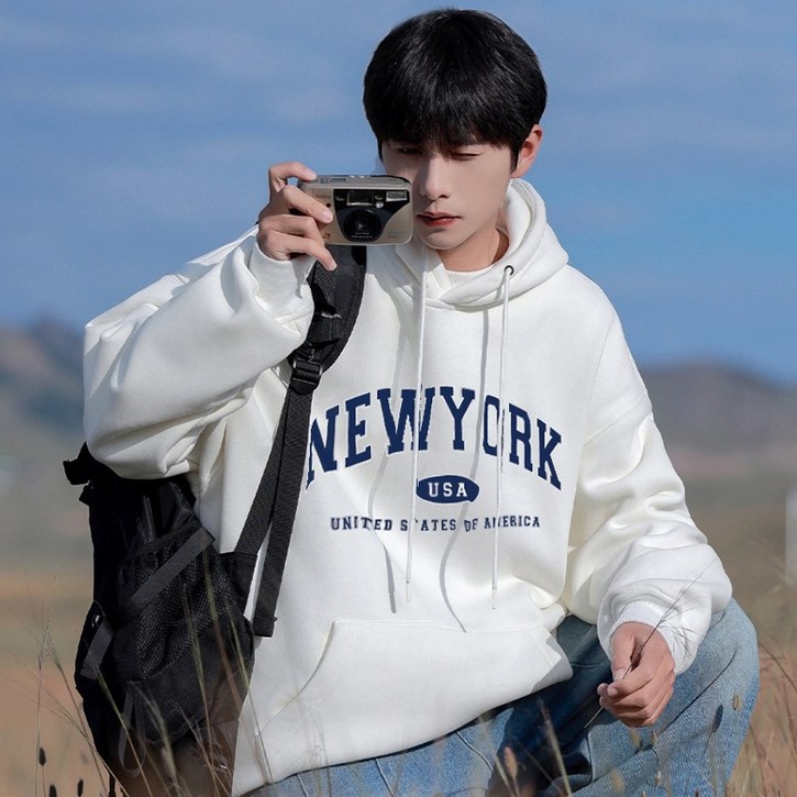 FONOW 남녀공용 오버핏 뉴욕USA 소프트 특양면 커플룩 후드티