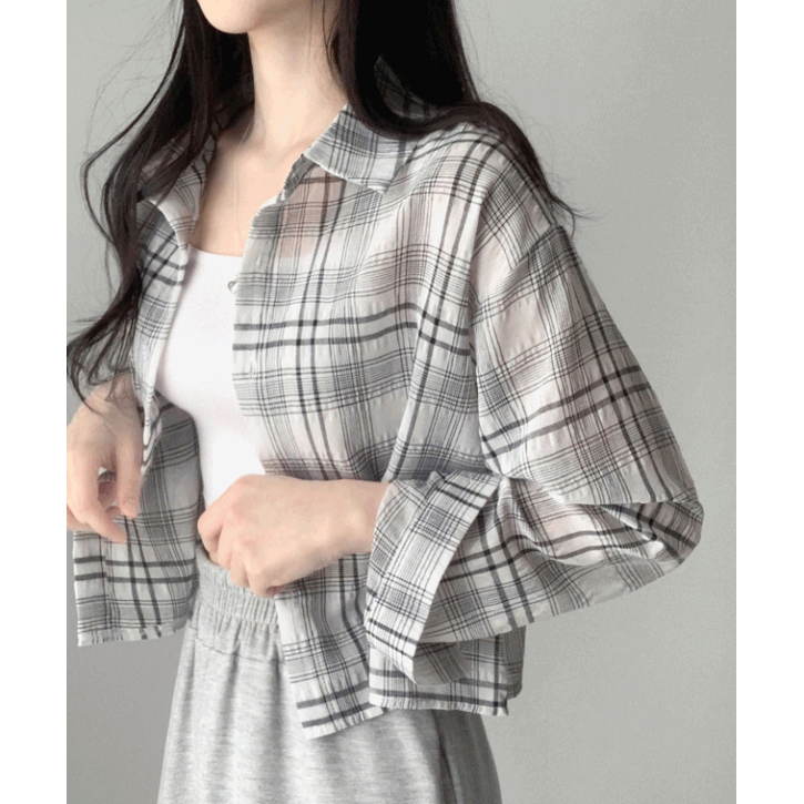 자스민벨 너드 크롭 체크 셔츠 카라 남방 블라우스