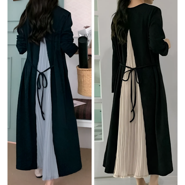 여성 빅사이즈 배색 주름 플리츠 롱원피스 라운드넥 긴소매 오버핏 봄가을
