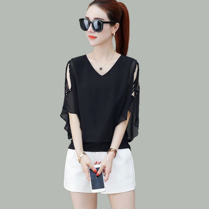 여성용 브이넥 오프숄더 반팔 블라우스 티셔츠 댄스복 상의