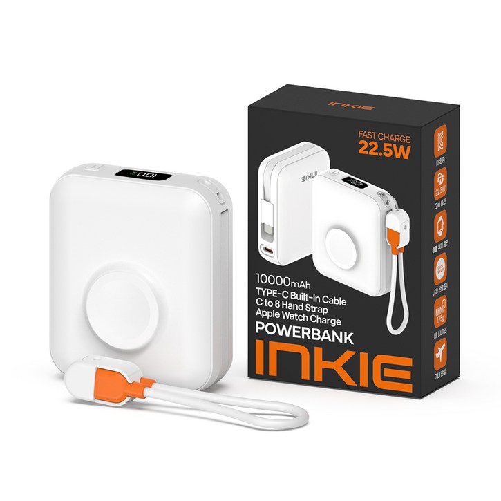 인키 초고속 22.5W PD 충전 케이블 애플워치 일체형 대용량 보조배터리 10000mAh 멀티단자, 화이트, IKCPC1AWPD10000