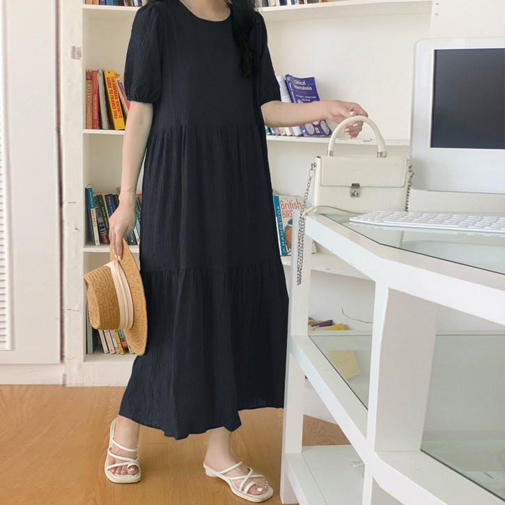 BINIWU 한국 시크 서머 프렌치 프릴 라운드 셔링 허리를 잡아주어 날씬해 보이는 퍼프소매 무릎 위 롱 원피스녀