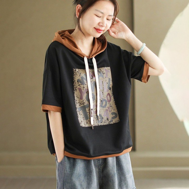 Asure 여자 레터링 프린트 문예 캐주얼 후드 반팔 맨투맨