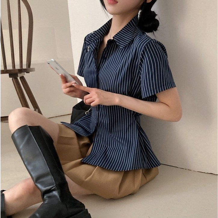 Akimu 여성셔츠 스트라이프셔츠 슬림핏 반팔셔츠 기본티