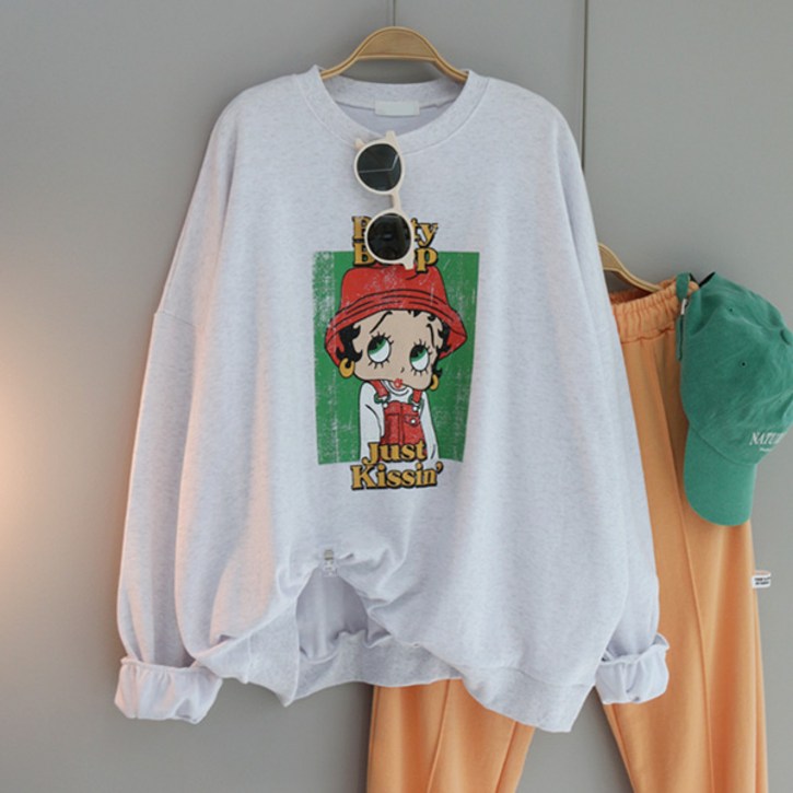 여성용 빅사이즈 오버핏 롱티 라운드 긴팔 맨투맨 데일리룩 체형커버 루즈핏 신상 박스티 프린팅