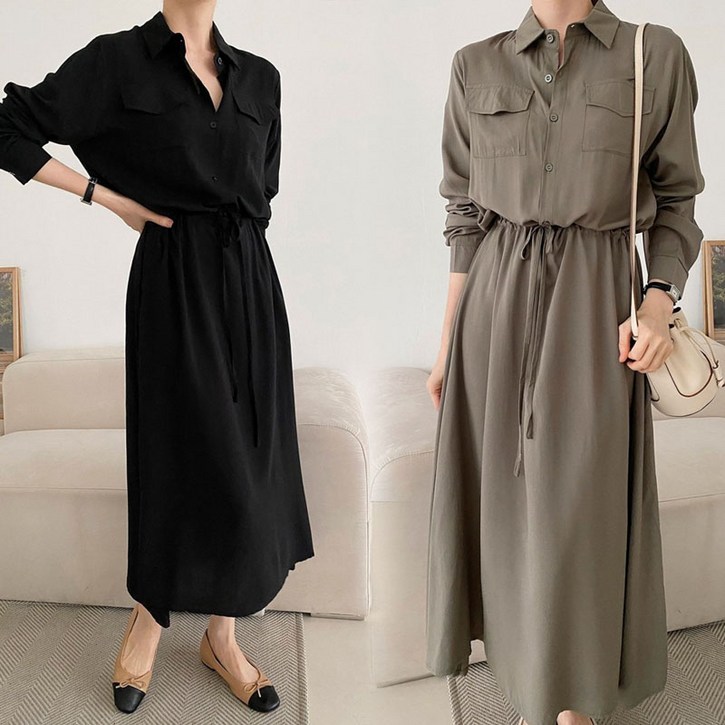 보리맘 포켓 셔츠 스트링 롱 원피스 단추