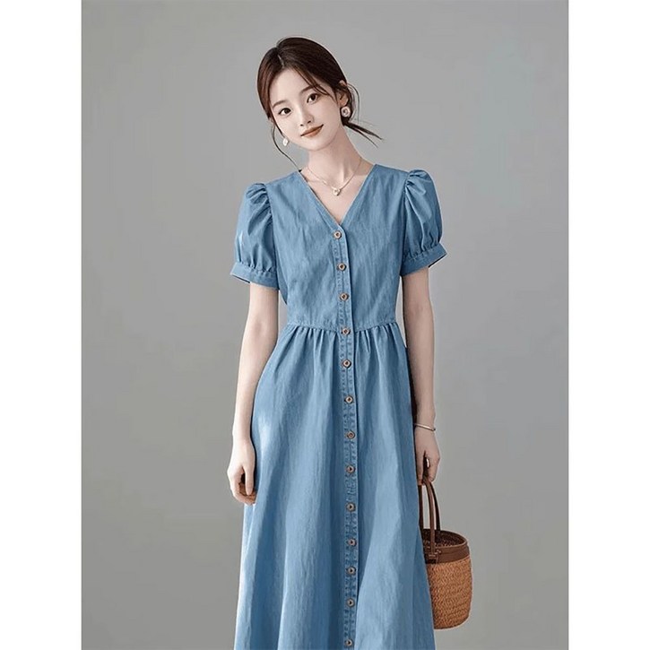 지고다그 여성 데님 반팔 원피스 여름 루즈핏 브이넥 청치마 롱기장 플레어 스타일 SX69698