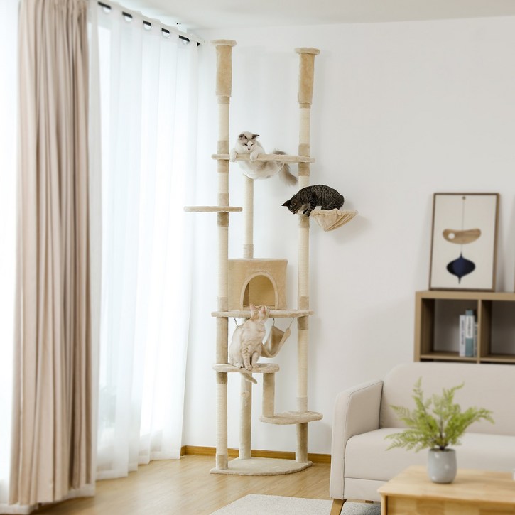 PAWZ Road 6단 대형 플러시 패브릭 캣폴,천장 고정형 트윈 기둥 높이 조절 캣타워 236CM-258CM,스크래쳐 기둥+숨숨집+해먹